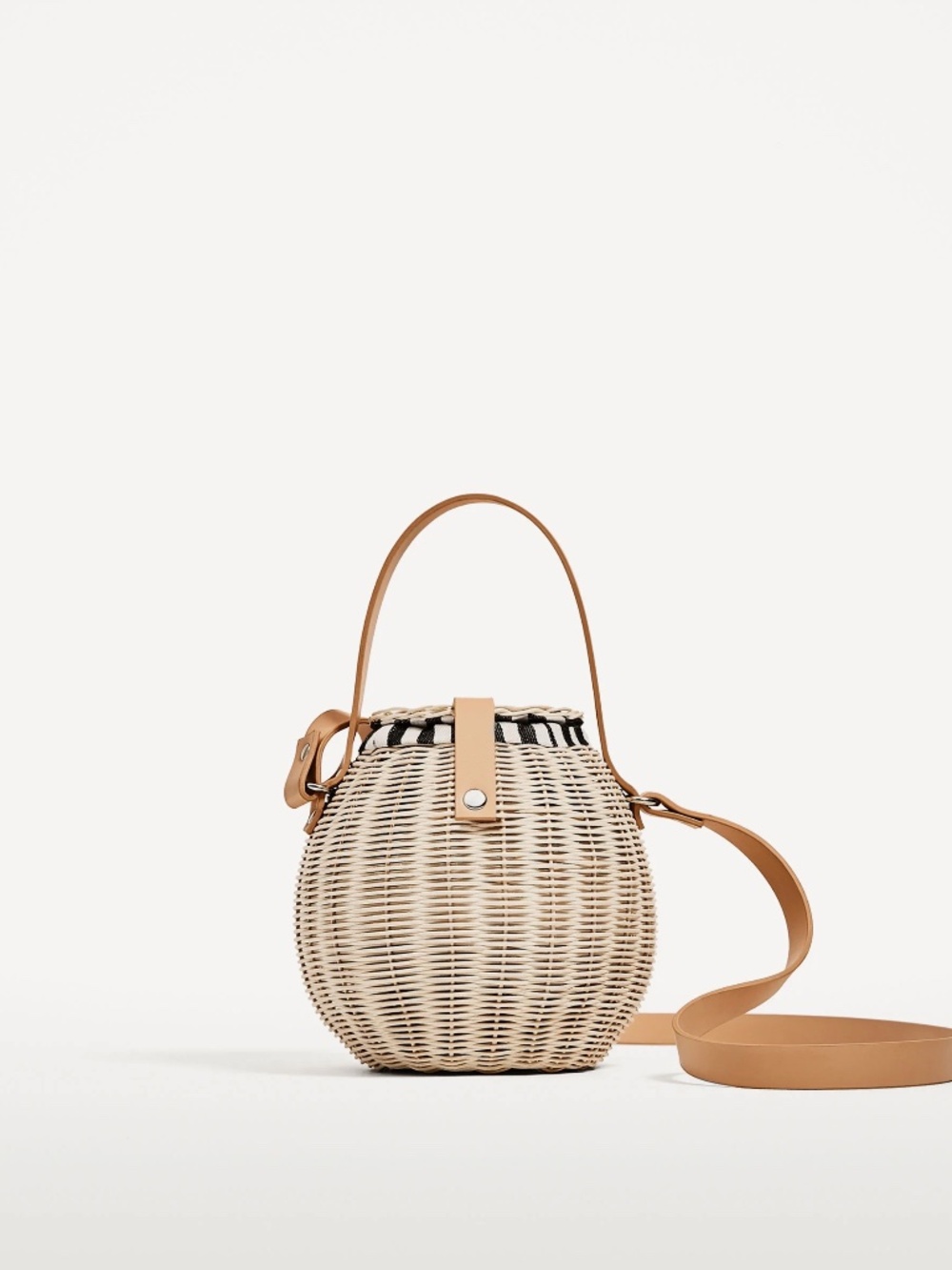 ZARA Woven Rattan Bucket Bag | Straw Crossbody Basket Bag with Stripe Lining